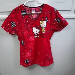 Hello Kitty Red Women’s scrub V-Neck Top with Floral Print